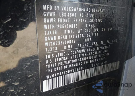 2013 Volkswagen Tiguan Se from USA, damaged, VIN WVGAV3AX9DW608505